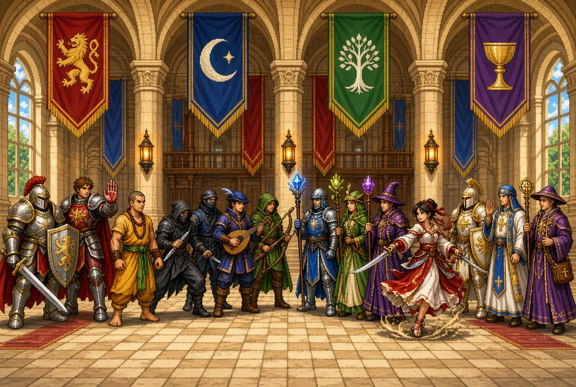 Fifteen adventurers in four groups beneath the banners of the Quest Halls