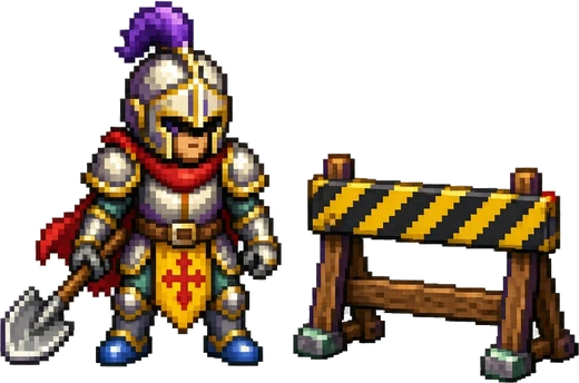 A pixel-art knight with a shovel beside a construction barrier: Season 3 is under construction