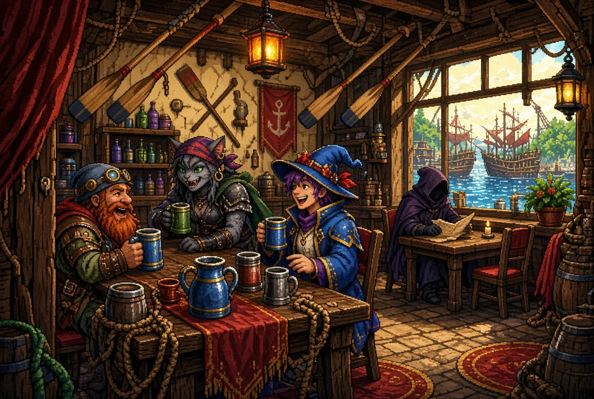 The Drowsy Oar tavern: adventurers drink at the long tables while a hooded figure sits alone by the harbour window