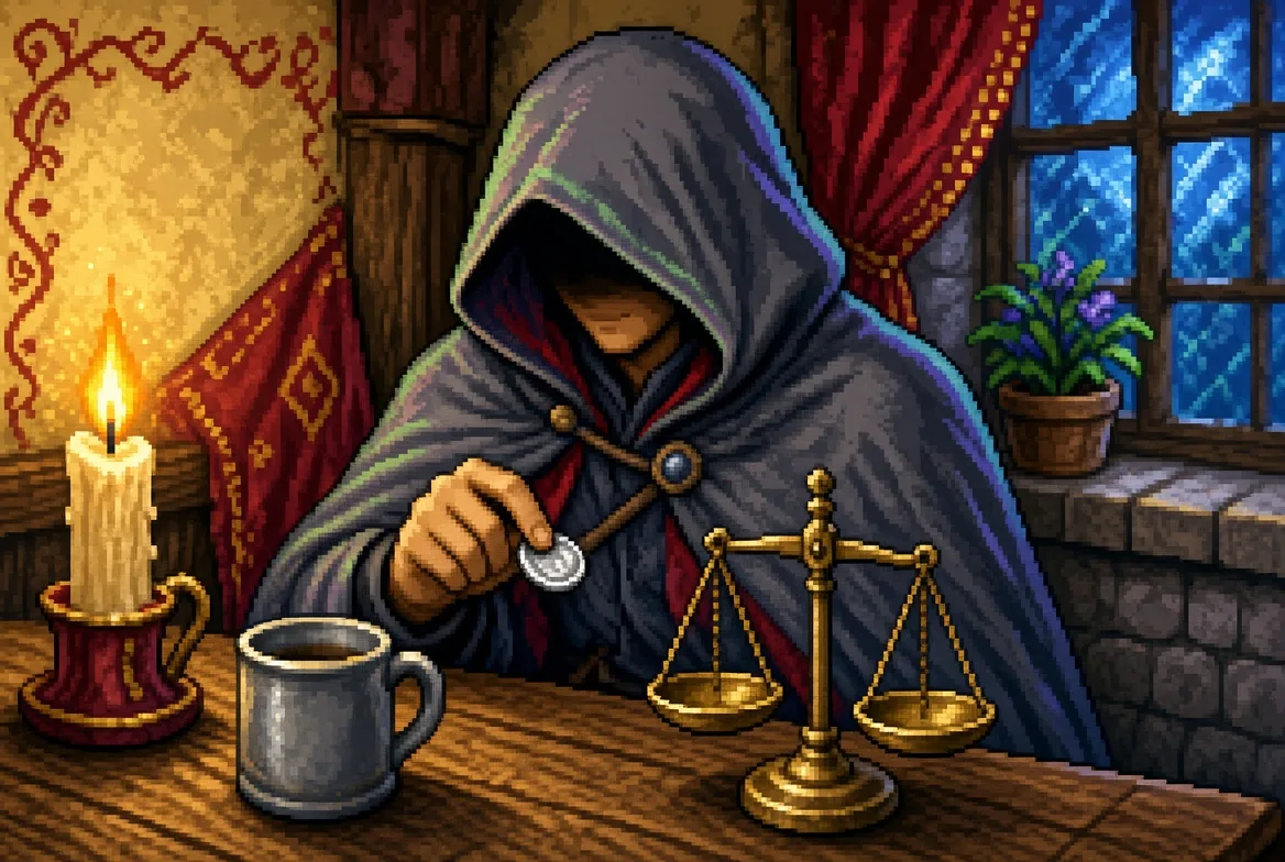 The hooded traveller at his corner table: hood drawn, a coin between his fingers, a small set of brass scales beside his mug