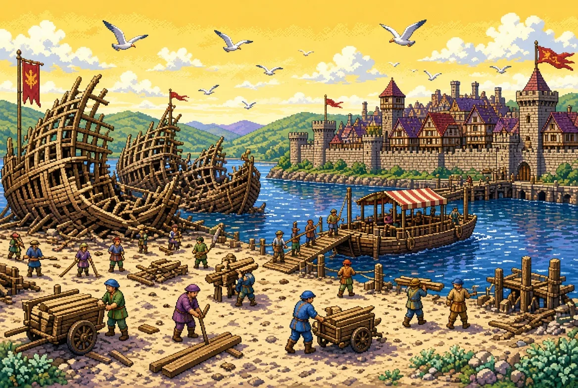 Settler ships beached at Newport, stripped to their ribs, with workers carting planks toward the walled city across the river