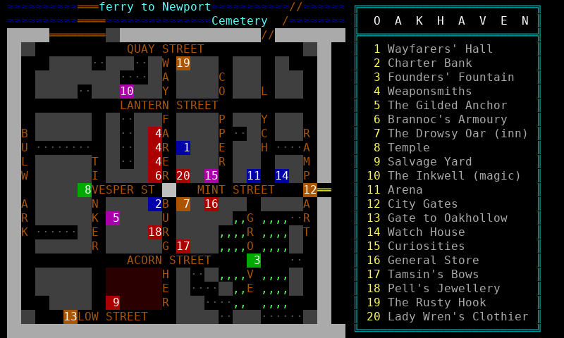 In-game ANSI map of Oakhaven: Quay, Lantern, Vesper, Mint, Acorn and Low Streets, with the Wayfarers' Hall, Charter Bank, the Drowsy Oar, the Rusty Hook and twenty numbered landmarks