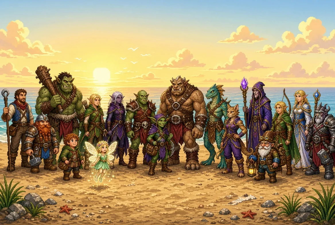 All seventeen races standing in a row on a beach at sunrise