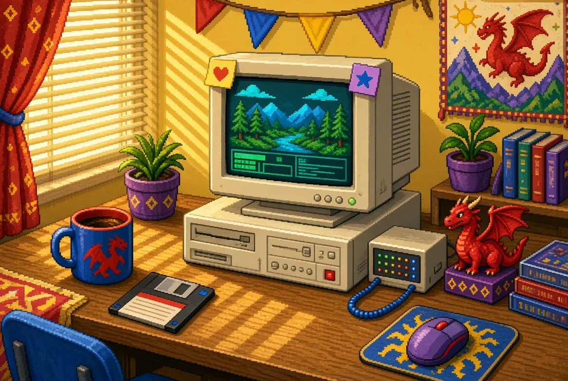 A beige 90s PC on a cosy desk: CRT glowing, a floppy disk, a mug and a little red dragon figurine