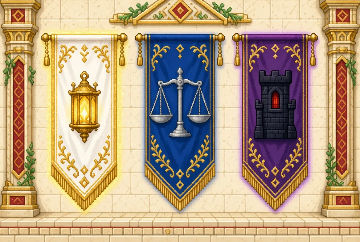 Three banners side by side: a golden lantern on white, silver scales on blue, a black tower on violet